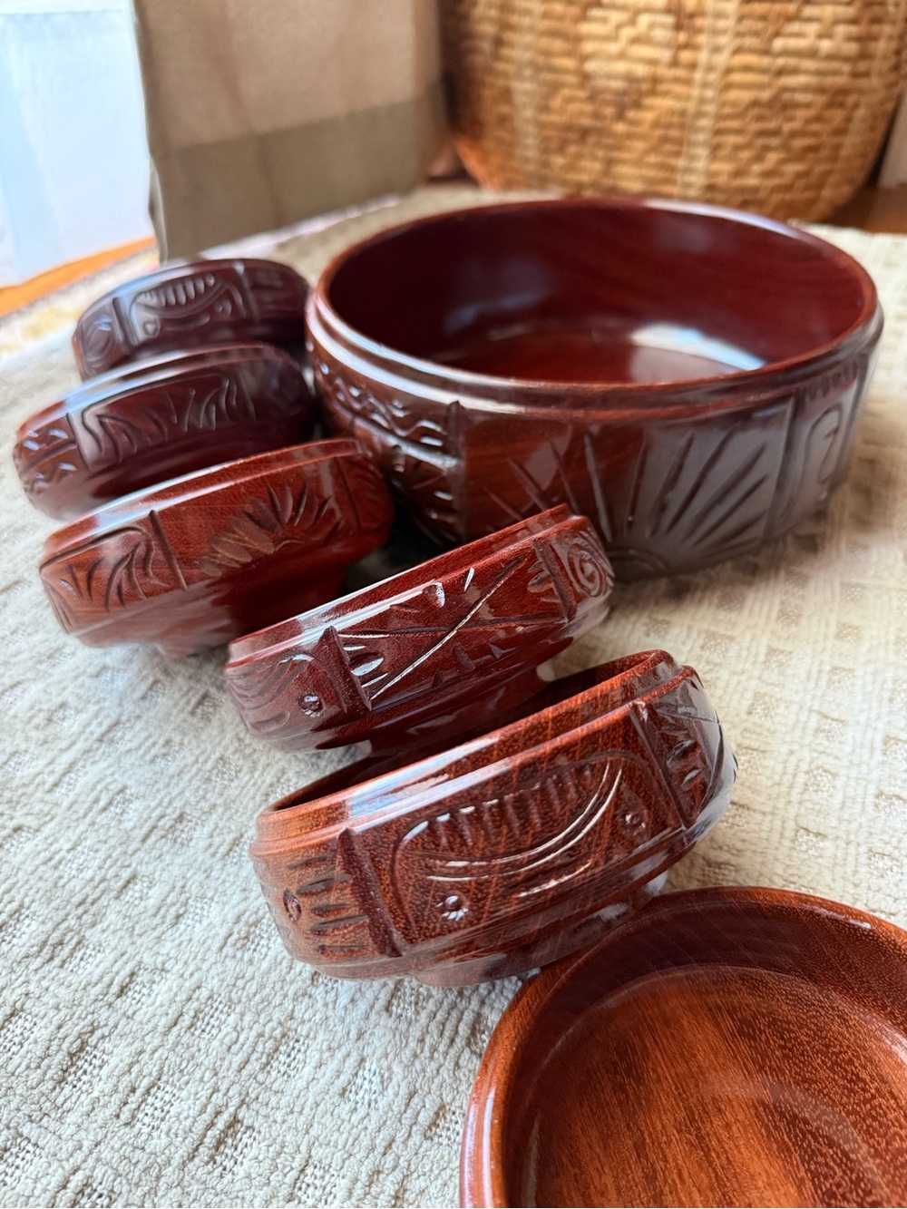 Vintage MCM Carved Wood Monkey Bowls, serving bowls